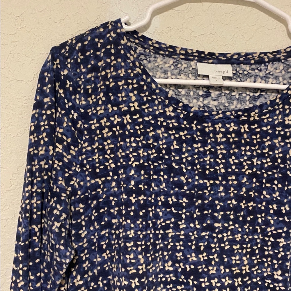 Pure J.Jill Navy Printed Long Sleeve Tunic Top Size L, Soft Stretch Casual - Picture 4 of 5